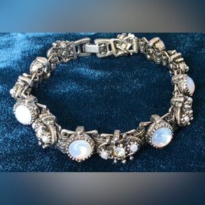 7.5" Silver Tone Tennis Bracelet - White Opalite Oval Stone